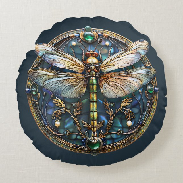  Art Deco Dragonfly Pearls EmeraldsGold Turquoise  Round Pillow (Front)