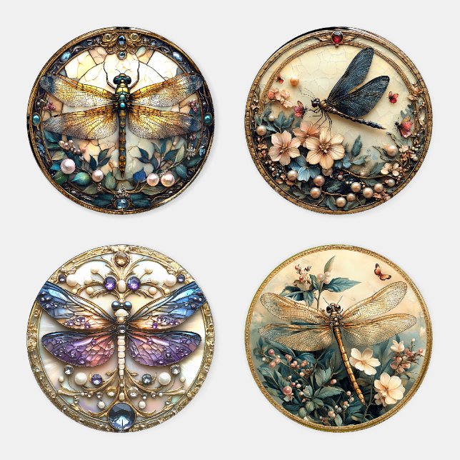 Art Deco Dragonfly Pearls Gems Flowers Coaster Set (Set)