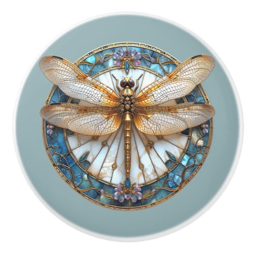 Art Deco Dragonfly  Stained Glass Pink Gold Blue Ceramic Knob