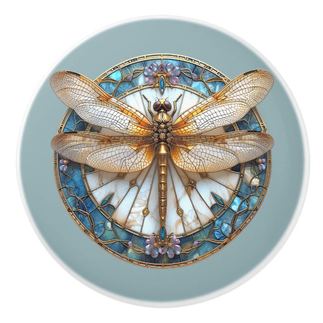 Art Deco Dragonfly  Stained Glass Pink Gold Blue Ceramic Knob (Front)