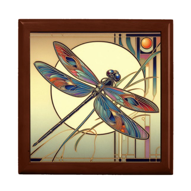 Art Deco Dragonfly Wooden Jewelry Keepsake Box (Front)
