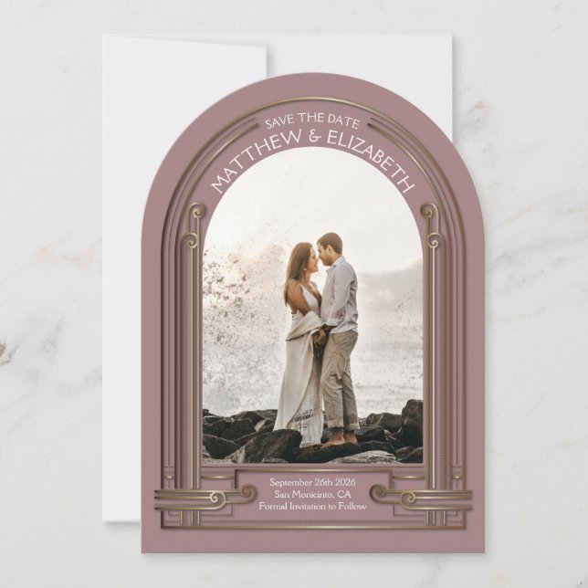 Art Deco Dusty Rose Bronze Arch Save the Date Invitation (Front)