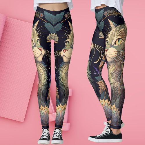 Art Deco Dusty Rose Cat Lover Yoga  Leggings