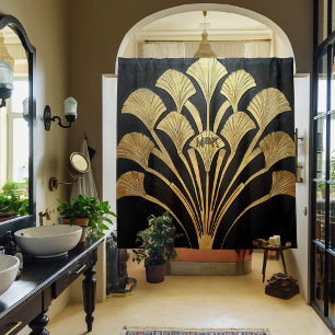 Art Deco Egyptian Black Gold Monogram Initials Shower Curtain