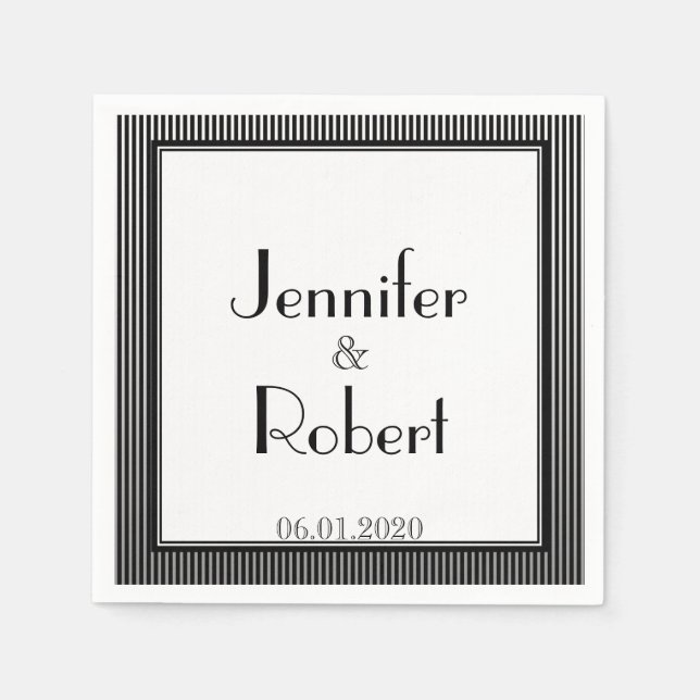 Art Deco Elegant Black and White Stripe Wedding Paper Napkins (Front)
