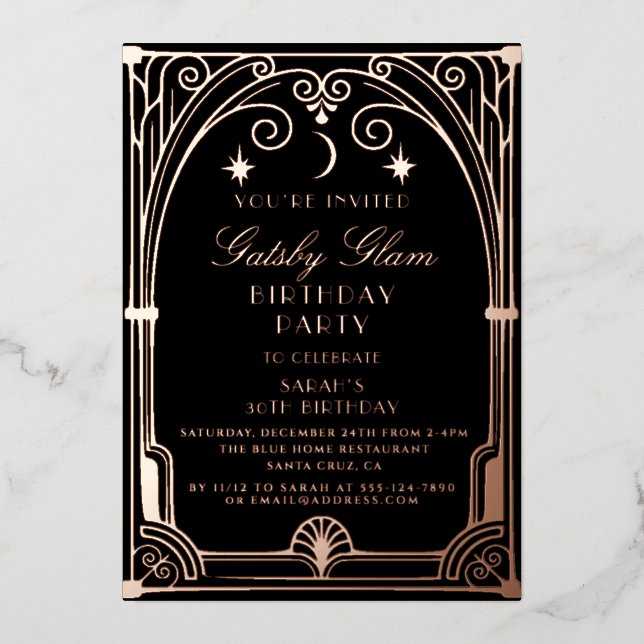 Art Deco Elegant Black Gold 20s Classic Birthday Foil Invitation (Front)