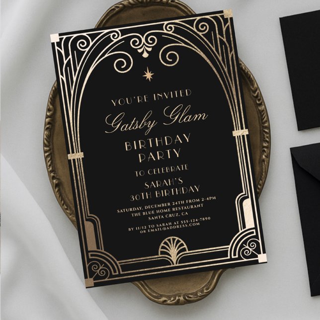Art Deco Elegant Black Gold 20s Classic Birthday Invitation (Creator Uploaded)