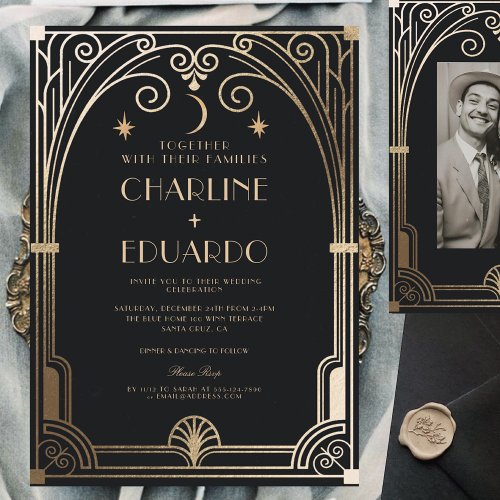 Art Deco Elegant Black Gold 20s Classic Wedding Invitation