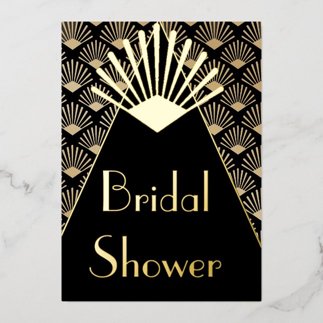 Art Deco Elegant Black Gold Bridal Shower  Foil Invitation (Front)