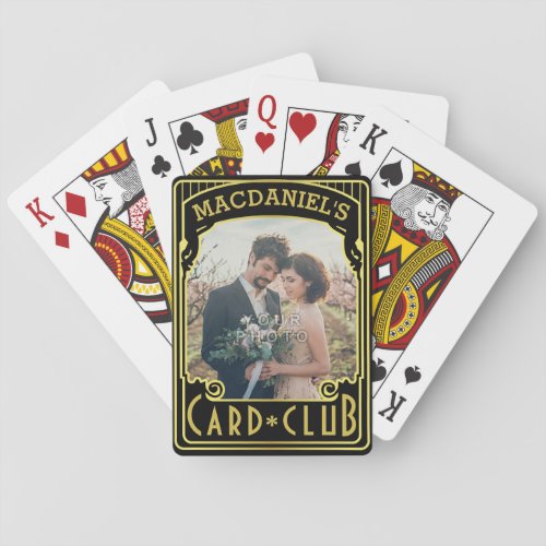 Art Deco Elegant Black Gold Club Custom Photo Name Poker Cards