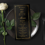 Art Deco Elegant Black Gold Frame Wedding Menu<br><div class="desc">* NON FOIL * Introducing our Black Gold Art Deco Frame 4" x 9" One-Side Flat wedding Menu, a timeless addition to our distinguished collection. Elevate the ambiance of your celebration with this exquisite menu featuring a classic faux gold Art Deco frame, meticulously designed to complement the refined elegance of...</div>
