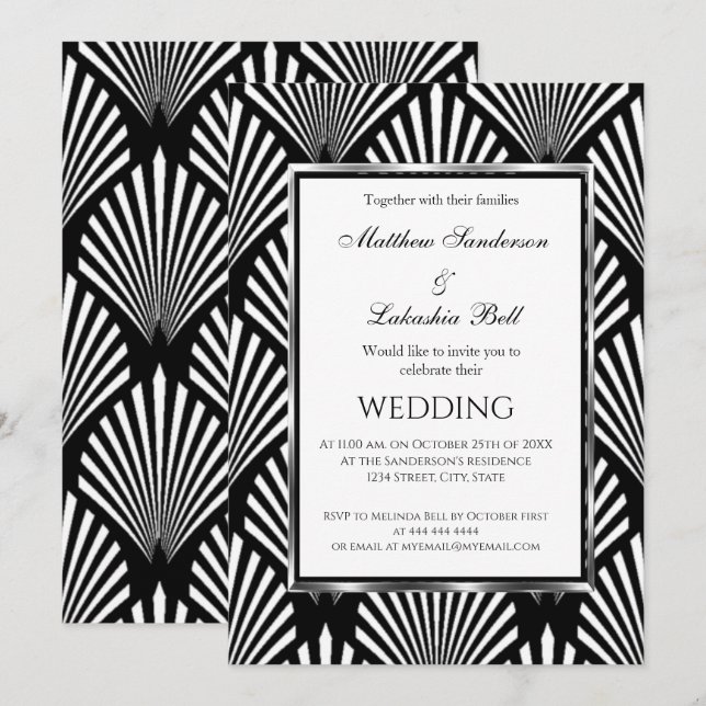 Art Deco Elegant Black White Modern Wedding Invitation (Front/Back)