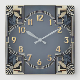 Art Deco Elegant Blue Square Wall Clock