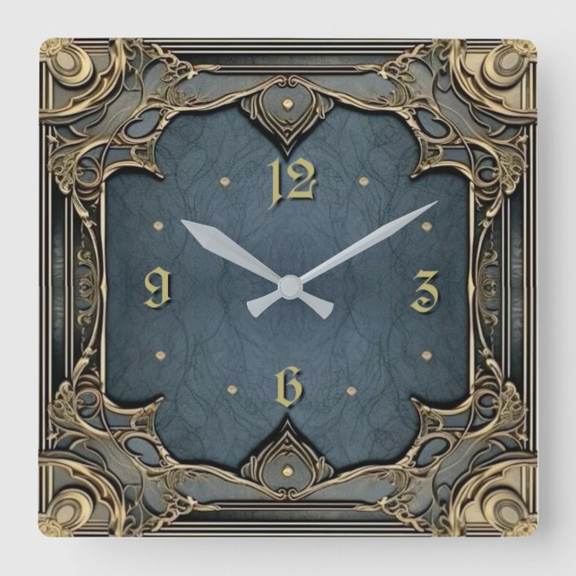 Art Deco Elegant Blue Square Wall Clock (Front)