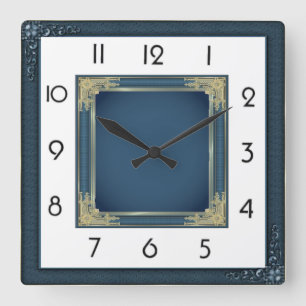 Art Deco Elegant Blue Square Wall Clock