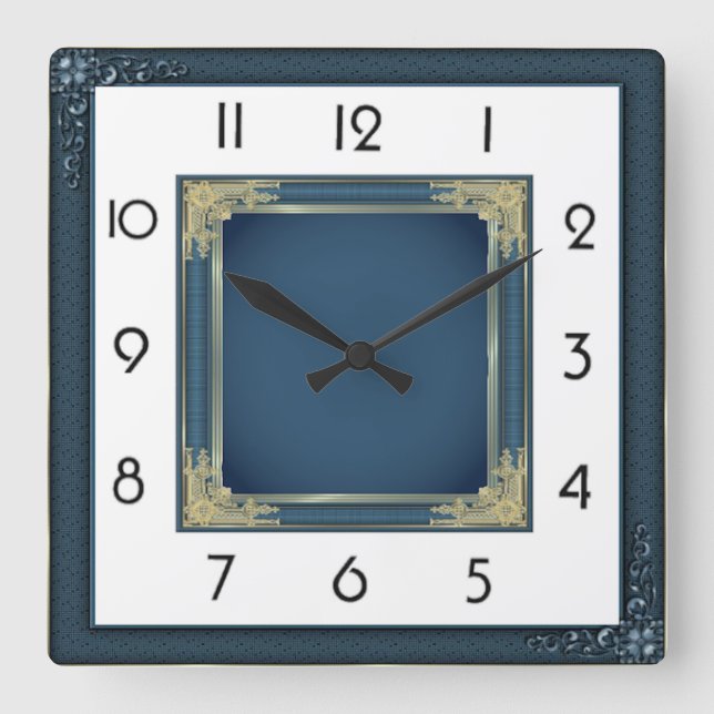 Art Deco Elegant Blue Square Wall Clock (Front)