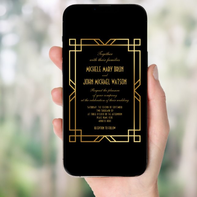 Art Deco Elegant Classic Gold Frame Black Wedding Invitation (Front Digital)