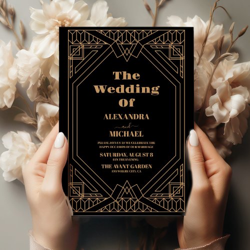 Art Deco Elegant Classic Gold Frame Black Wedding Invitation