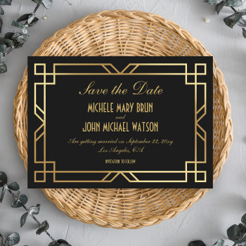 Art Deco Elegant Classic Gold Save The Date Black Invitation by pinkpinetree at Zazzle