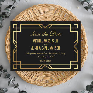 Art Deco Elegant Classic Gold Save the Date Black Invitation