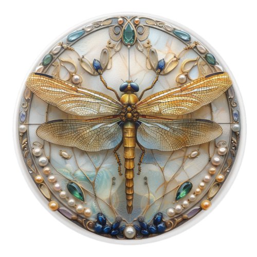 Art Deco Elegant Dragonfly Gold  Turquoise Pearls Ceramic Knob