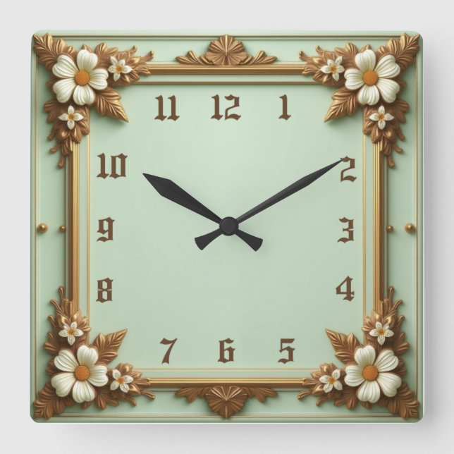 Art Deco Elegant Flower Square Wall Clock (Front)