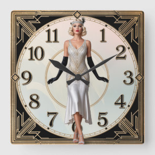 Art Deco Elegant Girl Square Wall Clock