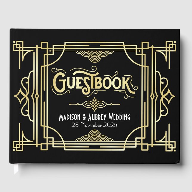 Art Deco Elegant Gold Black Gatsby 1920s Wedding Guest Book (Front)