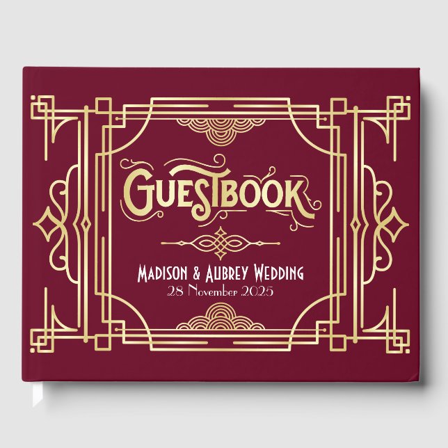 Art Deco Elegant Gold Burgundy Gatsby Wedding Guest Book (Front)