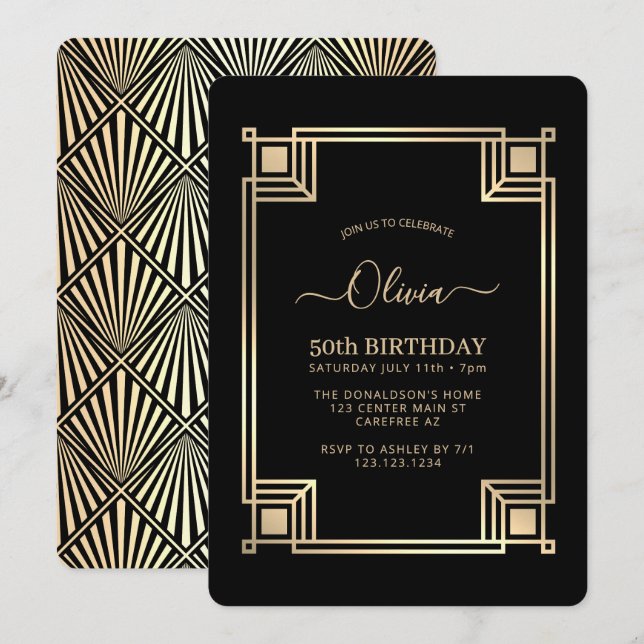 Art Deco Elegant Gold Frame Birthday Invitation (Front/Back)