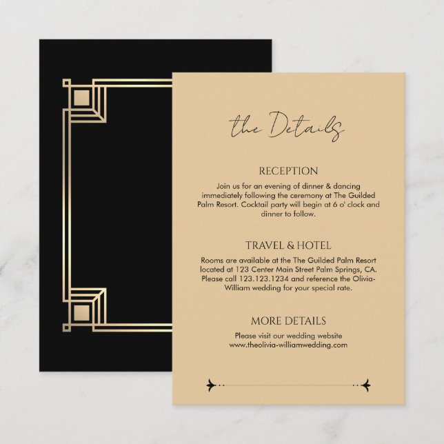Art Deco Elegant Gold Frame Wedding Details Enclosure Card (Front/Back)
