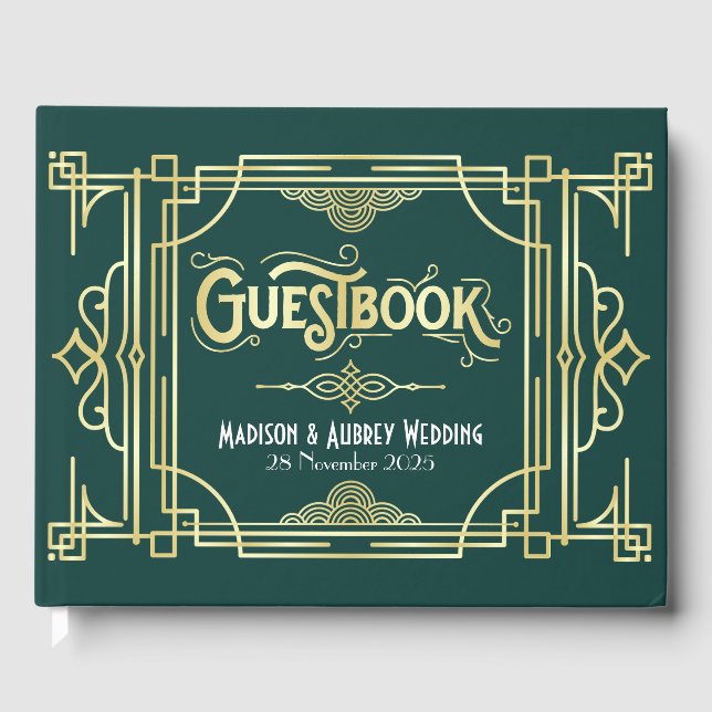 Art Deco Elegant Gold Green Gatsby 1920s Wedding Guest Book (Front)