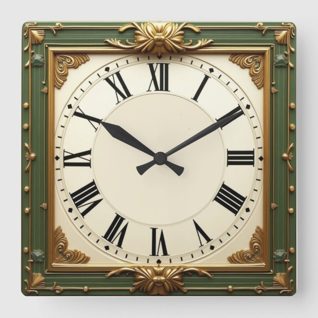 Art Deco Elegant Green Square Wall Clock (Front)