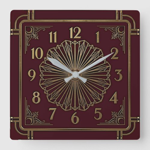 Art Deco Elegant Red Square Wall Clock