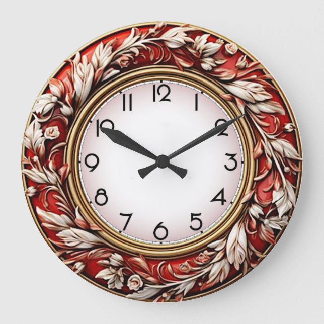 Art Deco Elegant Red Wall Large Clock (Front)