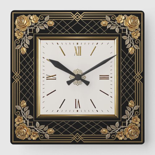 Art Deco Elegant Rose Square Wall Clock