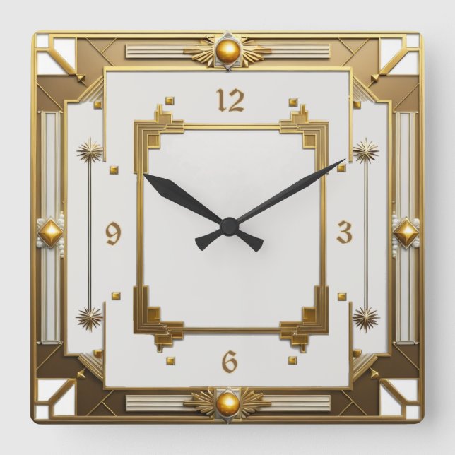 Art Deco Elegant White and Gold Square Wall Clock (Front)