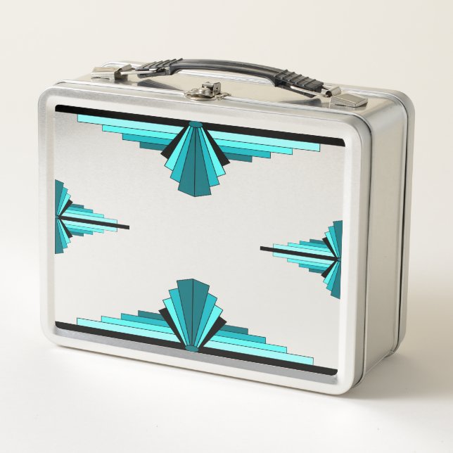 Art deco elements in teal green metal lunch box (Front)