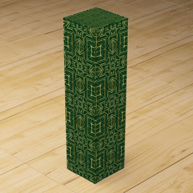 Art Deco Emerald & Gold Geometric Luxe Pattern Wine Box (Front)