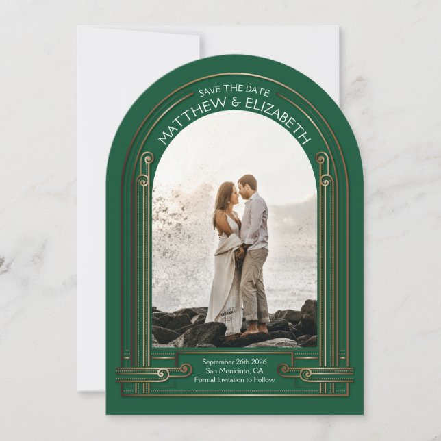 Art Deco Emerald Green Bronze Arch Save the Date Invitation (Front)