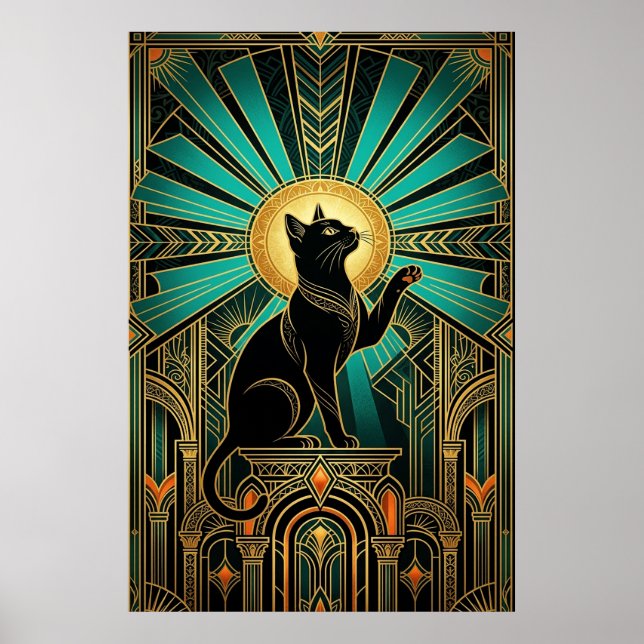 Art Deco Emerald Halo Emerald Throne Cat Poster (Front)