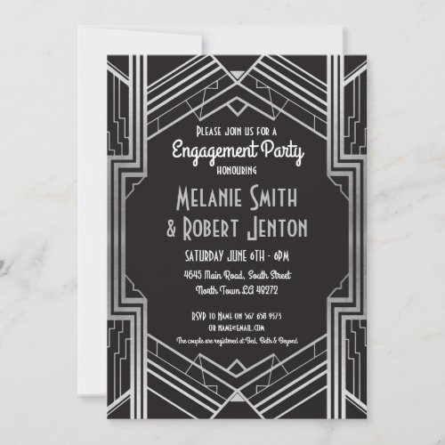 Art Deco Engagement Silver Gatsby 1920s Couples Invitation