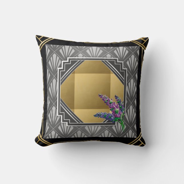 Art Deco English Lavender black gray silver gold Throw Pillow (Front)