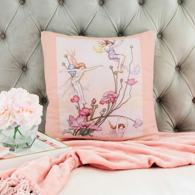 Art Deco Fairies and Flowers Watercolor Painting Throw Pillow (Creator Uploaded)