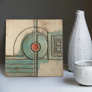 Art Deco Fan and Circle Teal Tan Rusty Ceramic Tile