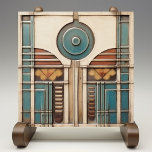 Art Deco Fan and Circle Teal Tan Rusty Ceramic Tile<br><div class="desc">This "Art Deco Fan and Circle Ceramic Print Tile" captures the essence of the Art Deco era with its fan motifs and bold circular centerpiece. The design combines a symphony of teal, tan, and rust hues, harmonized with geometric precision on a creamy canvas. This tile print, though smooth and flat,...</div>