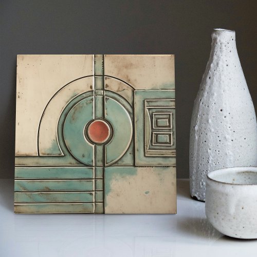 Art Deco Fan and Circle Teal Tan Rusty Ceramic Tile