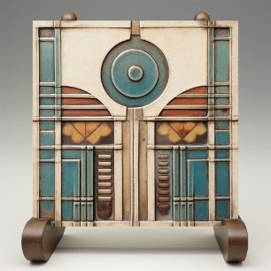 Art Deco Fan and Circle Teal Tan Rusty Ceramic Tile
