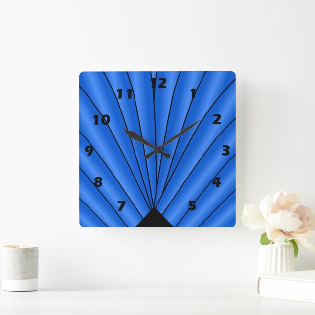Art Deco Fan Design Deep Blue Square Wall Clock (Home)