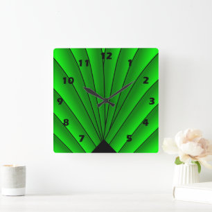 Art Deco Fan Design Green Square Wall Clock
